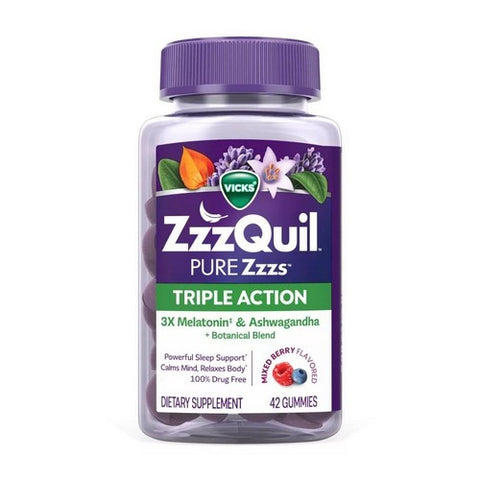 Crest, ZzzQuil Pure Zzzs Triple Action Melatonin and Ashwagandha Gummies, 42 Count