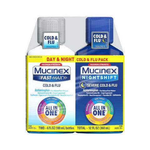 Mucinex, Fast-Max Day Time & Night Time Cold & Flu Liquid Maximum Strength, 12 Oz