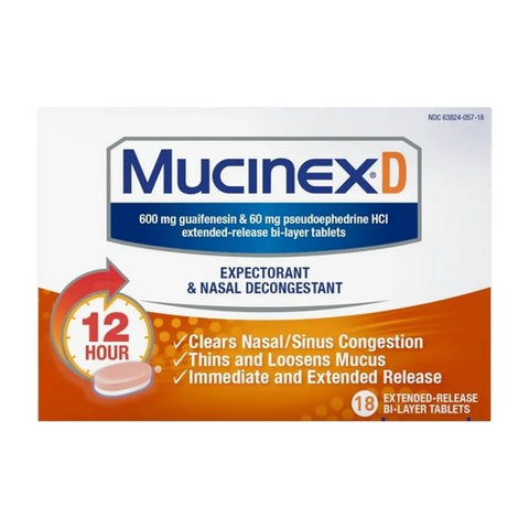 Mucinex, Vitamin D 12 Hour Expectorant & Nasal Decongestant, 18 Tablets