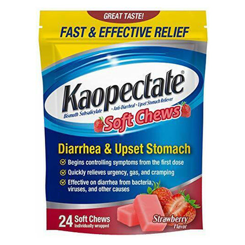 Kaopectate, Bismuth Subsalicylate Diarrhea & Upset Stomach Reliever Soft Chews Strawberry, 24 Chews