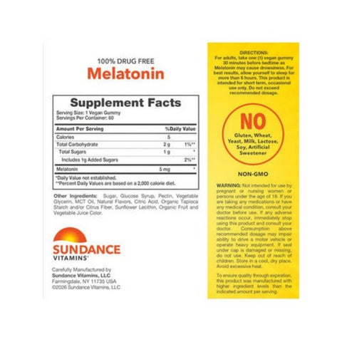 Sundance, Vitamins Melatonin Vegan Gummies Natural Mixed Berry Flavor, 5 Mg, 60 Gummies