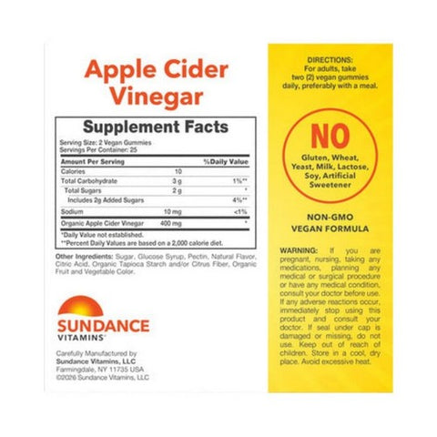 Sundance, Vitamins Apple Cider Vinegar Gummies Natural Apple, 50 Gummies