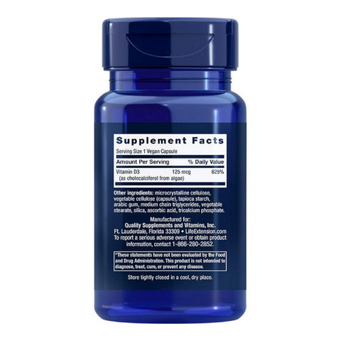 Life Extension, Vegan Vitamin D3, 125 mcg (5000 IU), 60 Caps