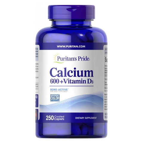Puritan's Pride, Calcium Carbonate + Vitamin D, 600 mg, 250 Tablets