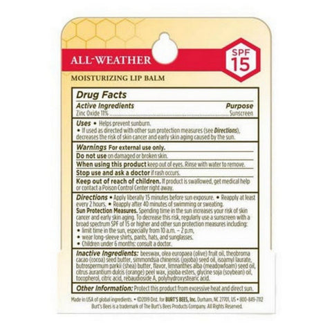 Burts Bees, All Weather SPF 15 Lip Balm, 0.15 Oz