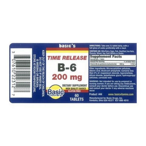 Basic Vitamins, Time Release B-6, 200 Mg, 60 Tabs