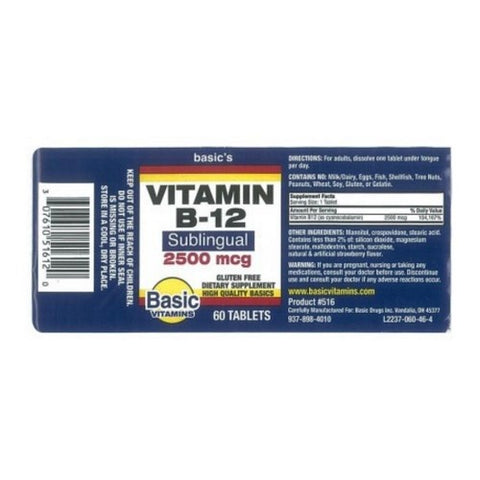 Basic Vitamins, Vitamin B12 Sublingual, 2500 Mcg, 60 Tabs