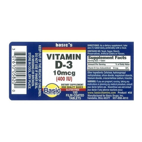 Basic Vitamins, Natural Vitamin D3, 400 IU, 100 Tabs