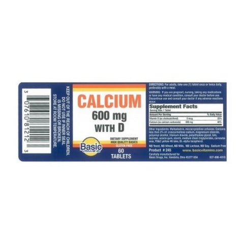 Basic Vitamins, Calcium With D, 600 Mg, 60 Tabs
