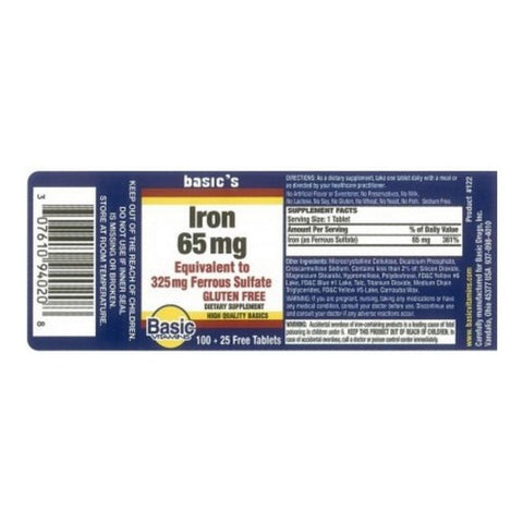 Basic Vitamins, Iron Ferrous Sulfate, 65 Mg, 100 Tabs