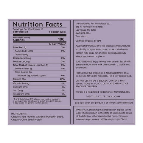 Truvani, Organic Plant Based Protein Powder Unflavored, .99 Oz (Pack Of 10)