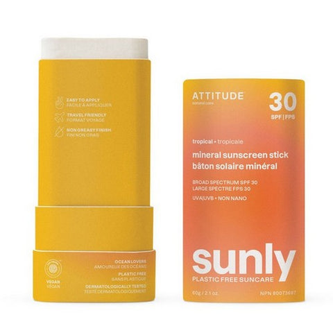 Attitude, Tropical Mineral Sunscreen Stick SPF 30 Sunly Plastic Free, 2.1 Oz