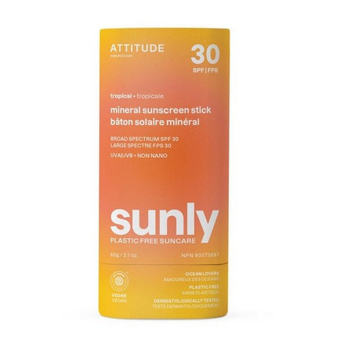 Attitude, Tropical Mineral Sunscreen Stick SPF 30 Sunly Plastic Free, 2.1 Oz