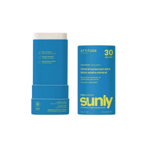 Attitude, Mineral Sunscreen Stick SPF 30 Sunly Plastic-Free Kids Unscented, 2.1 Oz