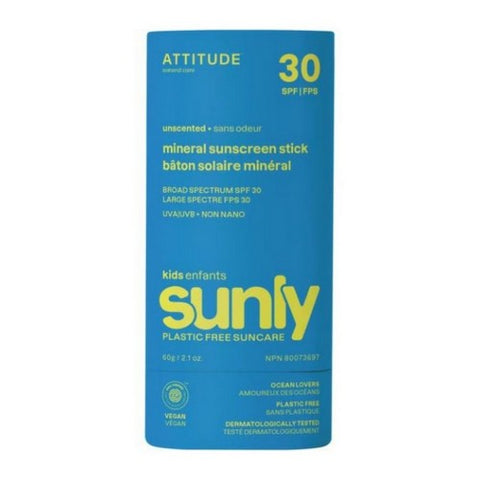 Attitude, Mineral Sunscreen Stick SPF 30 Sunly Plastic-Free Kids Unscented, 2.1 Oz