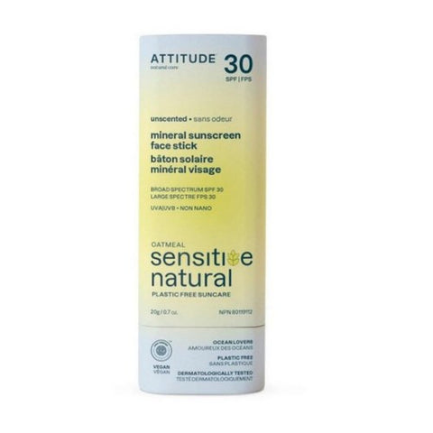 Attitude, Mineral Sunscreen Face Stick SPF 30 Sunly Plastic Free Unscented, 0.7 Oz