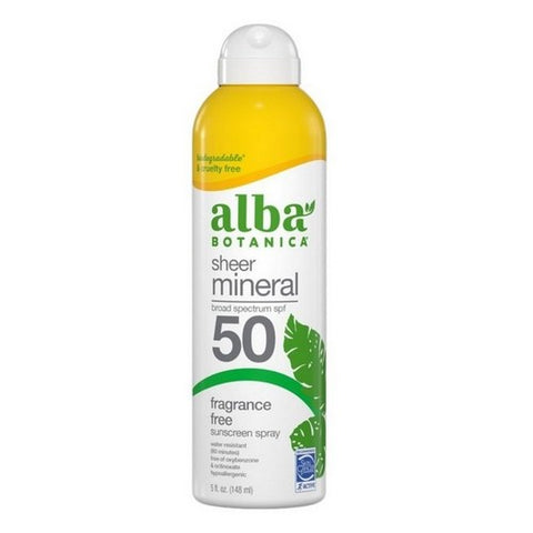 Alba Botanica, Sheer Mineral Broad Spectrum SPF 50 Fragrance Free Sunscreen Spray, 5 Oz