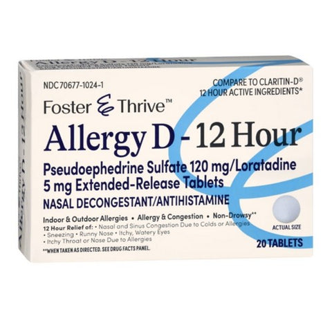 Foster And Thrive, Allergy D-12 Hour Pseudoephedrine Sulfate Loratadine Extended Release, 20 Tablets