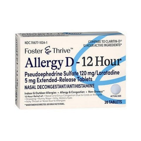 Foster And Thrive, Allergy D-12 Hour Pseudoephedrine Sulfate Loratadine Extended Release, 20 Tablets