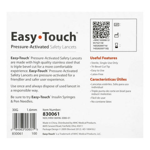 Easy Touch, Pressure Activated Safety Lancets 30 Gauge, 100 Count
