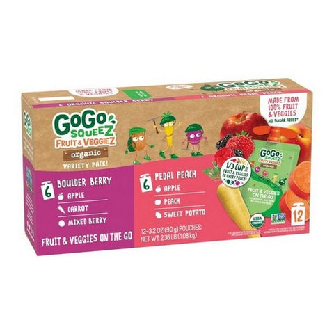 Gogo Squeez, Organic Fruit And Veggiez Variety Pack Pedal Peach Boulder Berry, 3.2 Oz X 12 Count (Case Of 6)