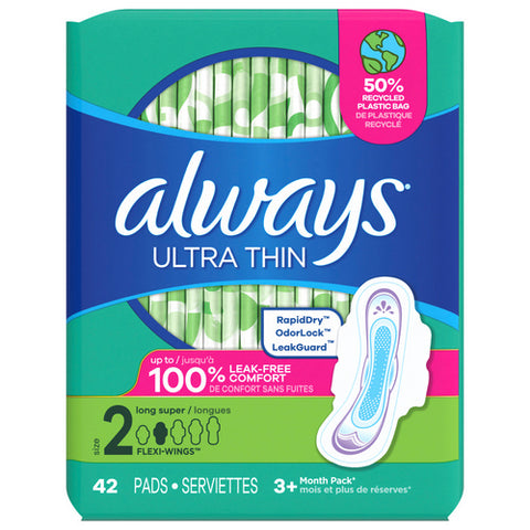 Always Discreet, Ultra Thin Feminine Pads With Wings For Women Size 2, 42 Count (Case Of 3)
