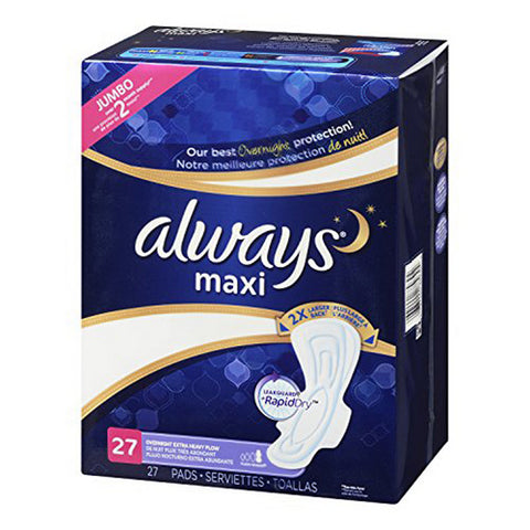 Always Discreet, Maxi Pads Flexi Wings Leak Guard Rapid Dry Size 5 Unscented Extra Heavy Overnight, 27 Count (Case Of 6)