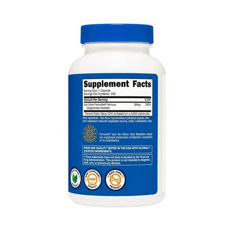 Nutricost, Ferrochel Iron Capsules, 36 Mg, 240 Count
