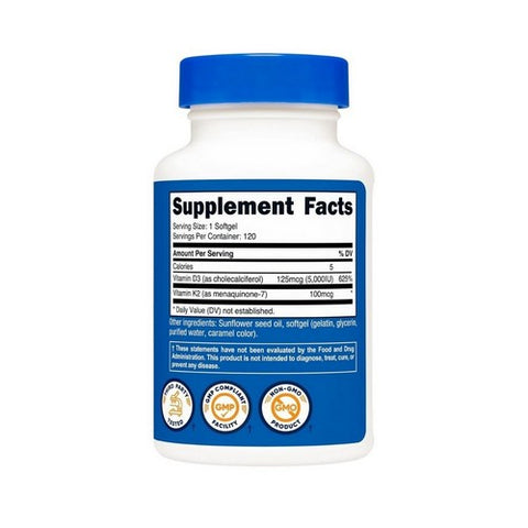 Nutricost, Vitamin K2 + Vitamin D3 Softgels, 100 Mcg/5000 IU, 120 Count