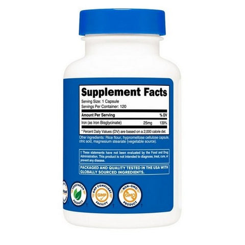 Nutricost, Iron Bisglycinate Capsules, 25 Mg, 120 Count