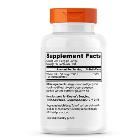 Doctors Best, Vitamin D3, 50 Mcg, 180 Veggie Softgels