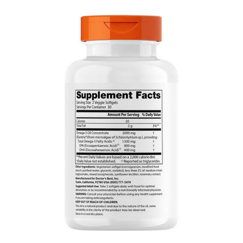 Doctors Best, Vegan Omega-3 EPA + DHA, 2000 Mg, 60 Veg Softgels