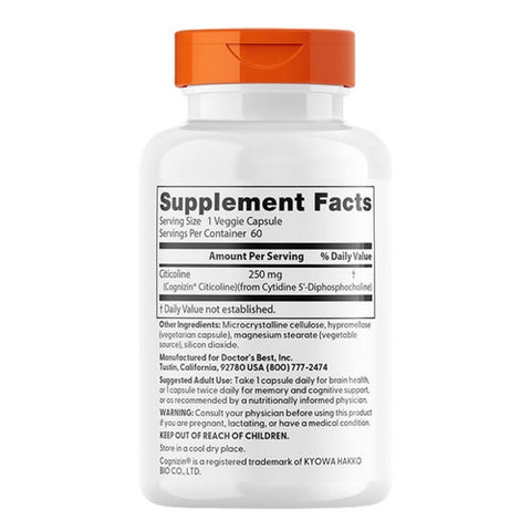 Doctors Best, Citicoline CDP-Choline with Cognizin, 250mg, 60 VegCaps