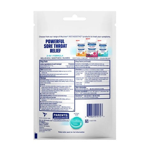 Mucinex, InstaSoothe Sore Throat + Cough Relief Medicated Drops Alpine Herbs And Fresh Mint, 20 Count