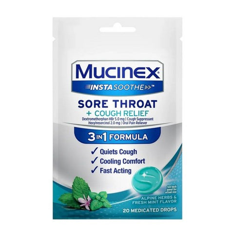 Mucinex, InstaSoothe Sore Throat + Cough Relief Medicated Drops Alpine Herbs And Fresh Mint, 20 Count