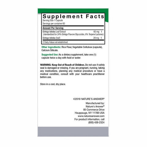 Nature's Answer, Ginkgo Leaf Standardized, 60 Vcaps
