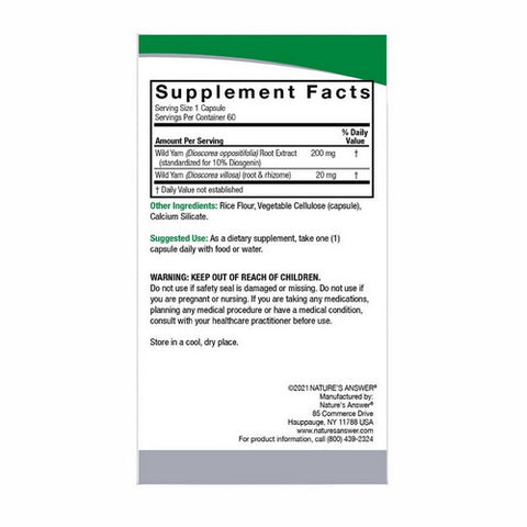 Nature's Answer, Wild Yam Root Standardized, 60 Veg Caps