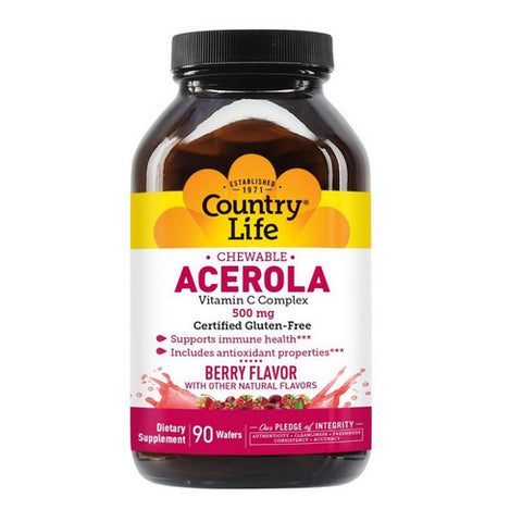 Country Life, Acerola C with Bioflavonoid & Rutin NF, 500 MG, 90 Wafers