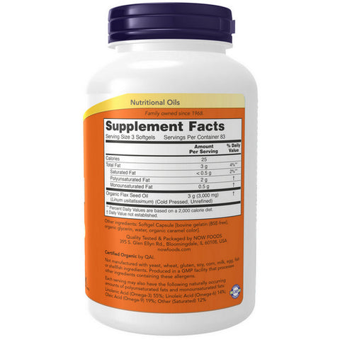 Now Foods, Organic Flax Oil, 1000 mg, 250 Sgels