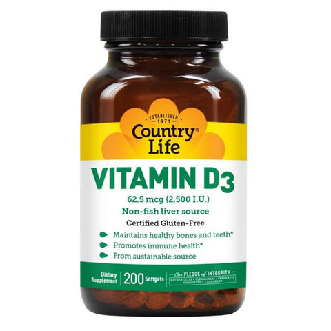 Country Life, Vitamin D3, 2500 IU, 200 Softgels