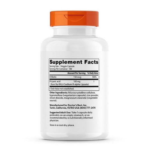 Doctors Best, Stabilized R-Lipoic Acid with BioEnhanced Na-RALA, 100 mg, 180 Veggi Caps