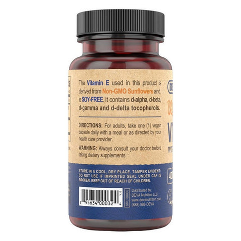 Deva Vegan Vitamins, Vegan Natural Vitamin E, 400 IU, mixed tocopherols 90 vcaps