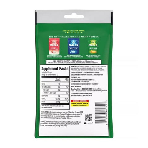 Halls, Defense Vitamin C Drops Sugar Free, Assorted Citrus 25 each