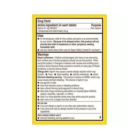Bayer, Aspirin Regimen Low Dose Safety Coated Tablets, 81 mg, 120 tabs