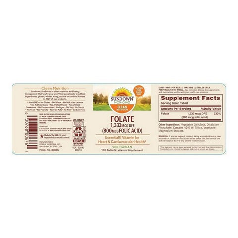 Sundown Naturals, Folic Acid, 800 mcg, 100 tabs