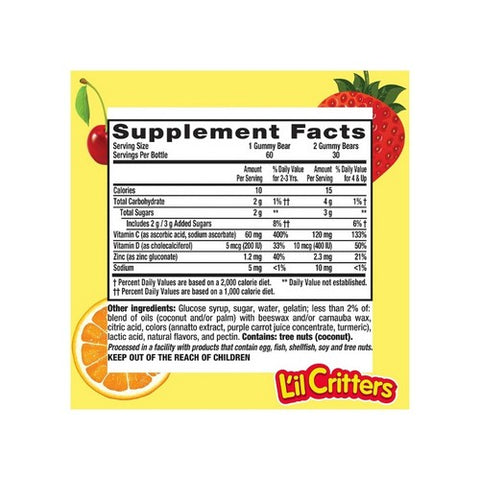 Lil Critters, L'Il Critters Immune C Plus Zinc & Echinacea Gummy Bears Assorted Flavors, 60 each