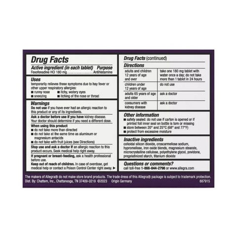 Allegra, Adult Allergy Tablets 24 Hour, 180 mg, 30 tabs