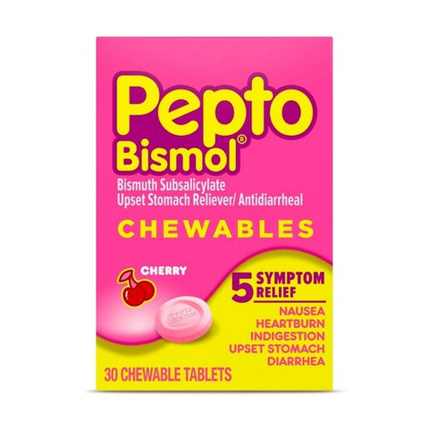 Pepto-Bismol, Upset Stomach Reliever Antidiarrheal Chewable, Cherry 30 Count