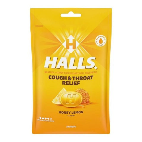 Halls, Honey Lemon Cough Relief Drops, 30 Count